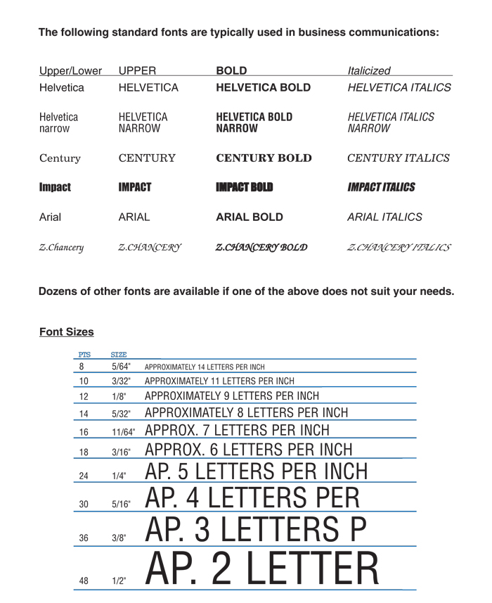 Standard Fonts Font Sizes